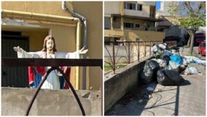 Spazzatura viale Europa statua Gesù
