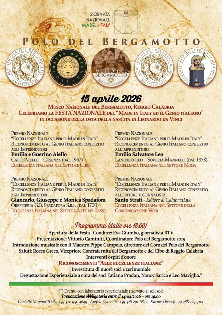 locandina evento giornata made in italy e genio italiano al museo del bergamotto