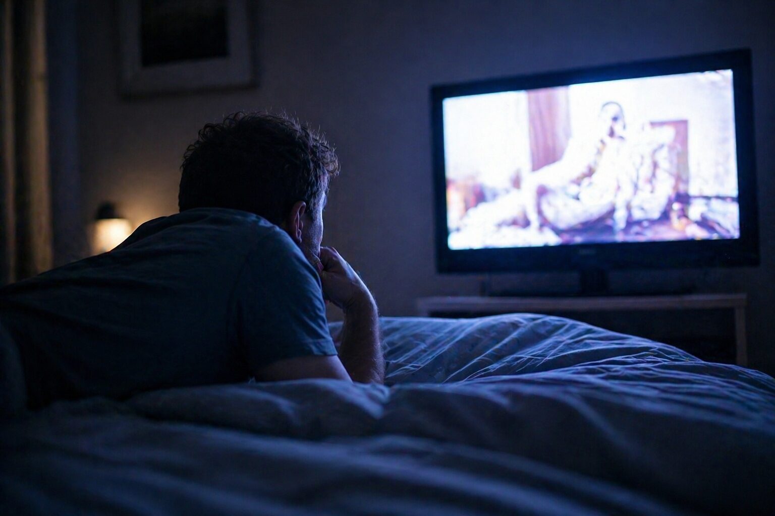 uomo guarda la tv dal letto
