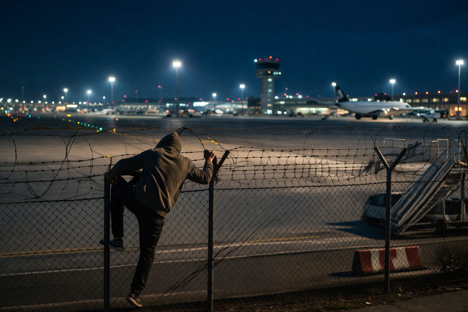 uomo scavalca recinzione aeroporto