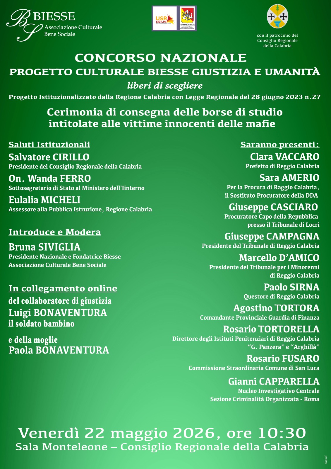 Locandina consegna borse di studio vittime innocenti delle mafie progetto Biesse
