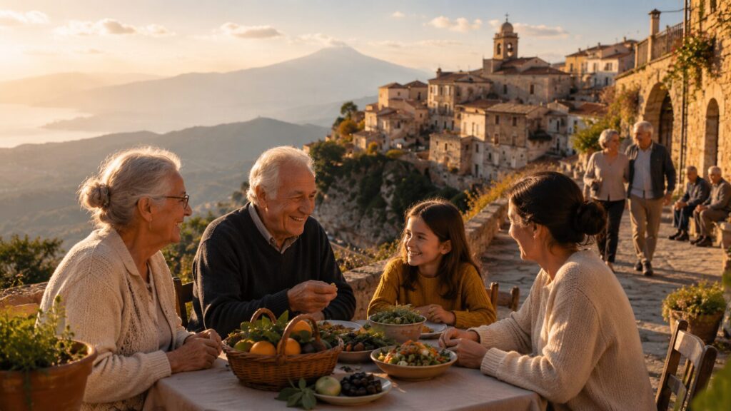 famiglia seduta per strada al tramonto