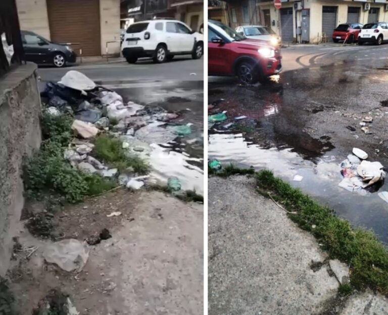 Reggio Calabria, perdita idrica enorme a Sbarre: strada allagata, degrado e rifiuti galleggianti | FOTO E VIDEO
