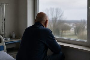 uomo pensieroso dietro una finestra dell'ospedale