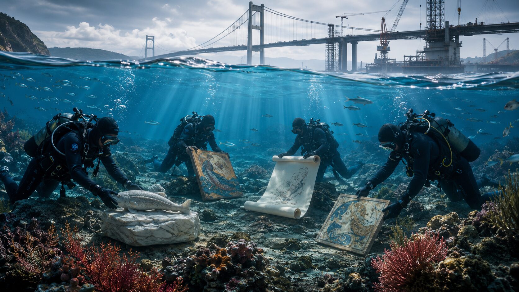 Installazione artistica subacquea e ponte sullo stretto