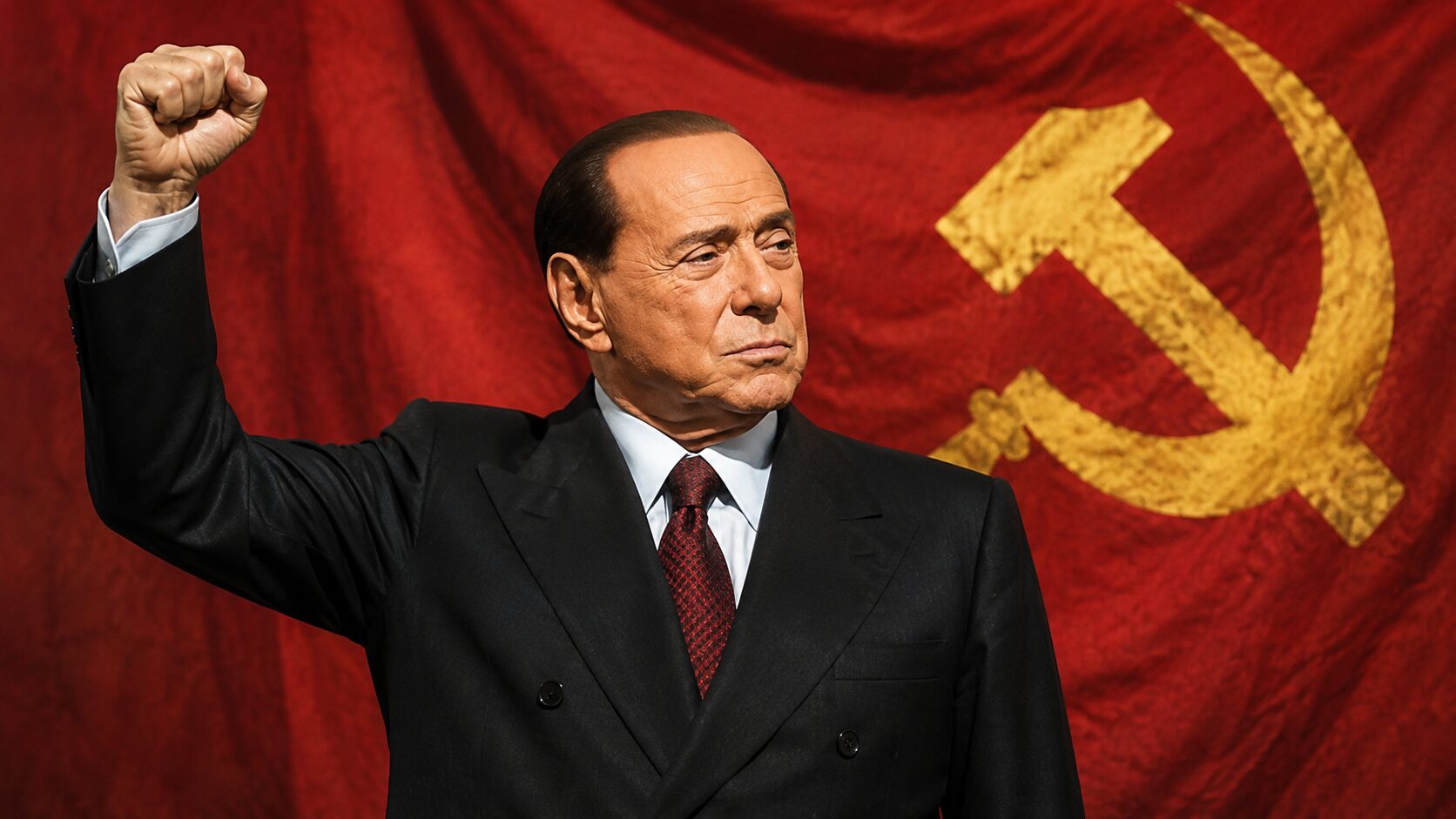 Silvio Berlusconi con bandiera comunista e pugno chiuso