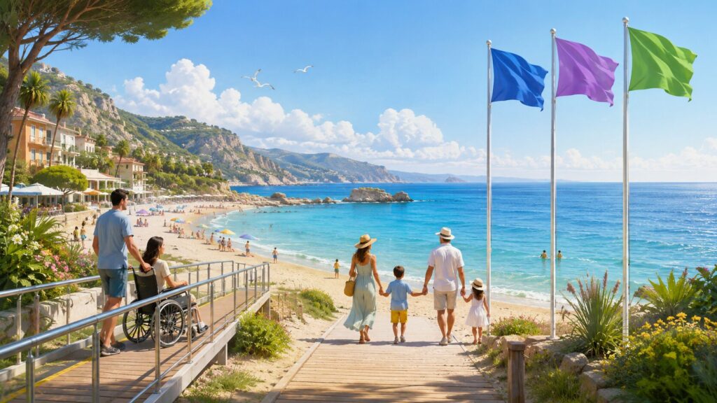 Spiaggia con bandiera blu lilla e verde