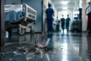 bicchiere rotto sporco di sangue in ospedale