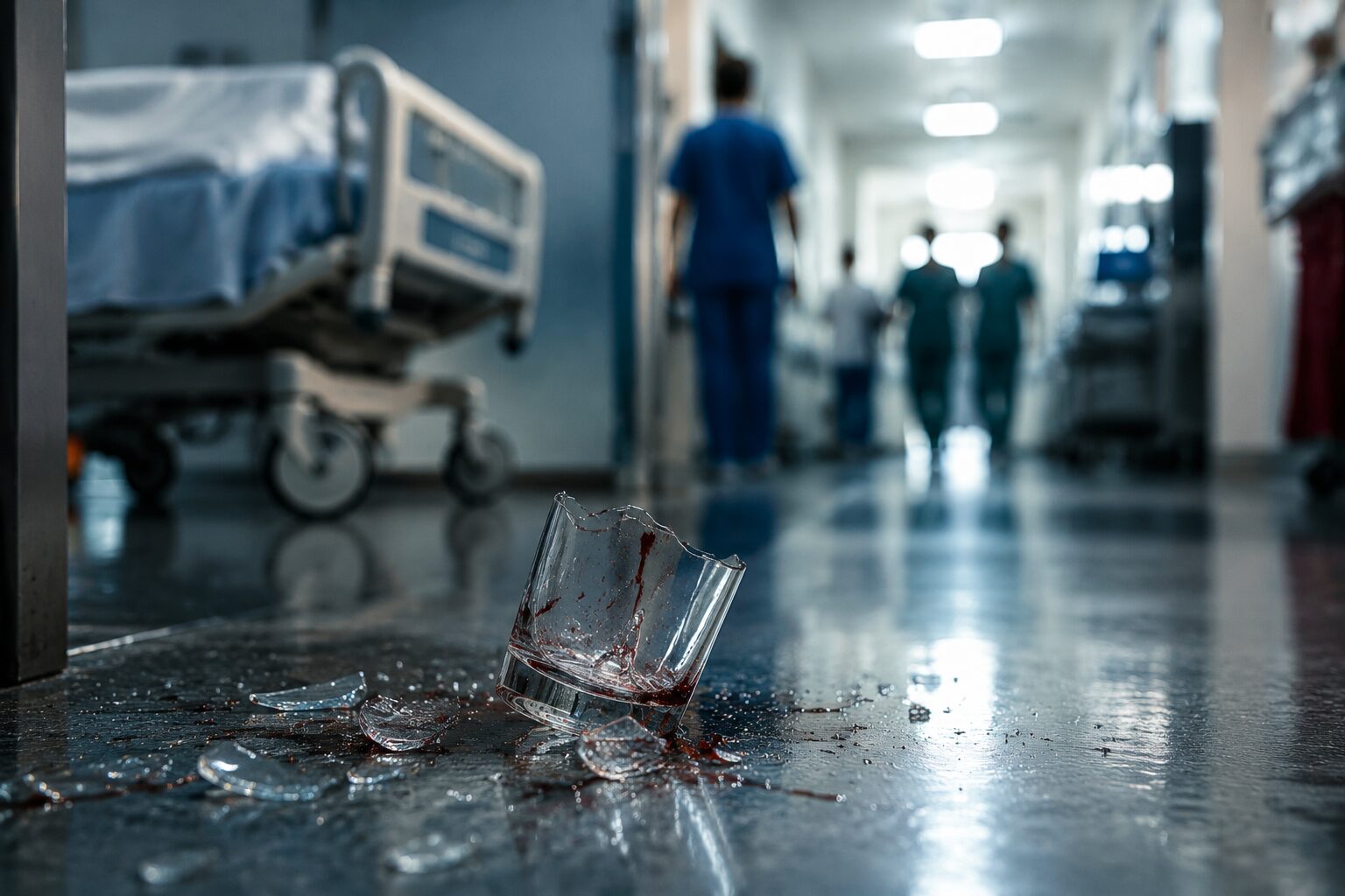 bicchiere rotto sporco di sangue in ospedale