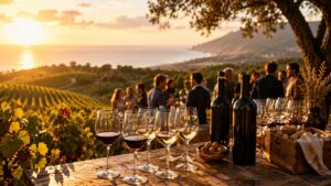 bicchieri e bottiglie di vino con persone vicine a una vigna