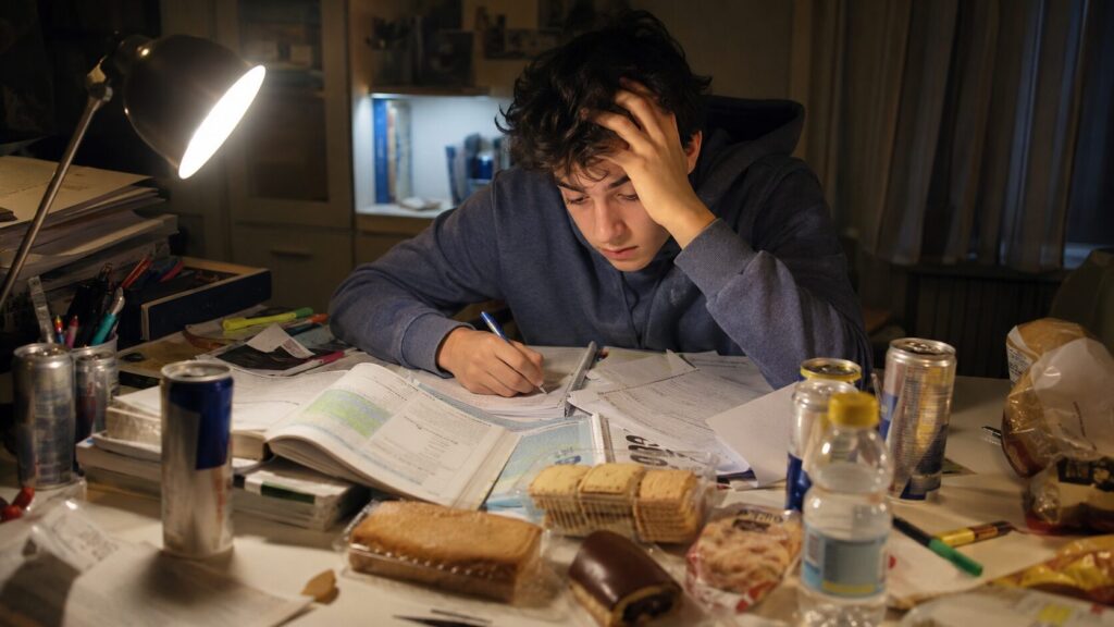 studente in preda all'ansia si prepara per gli esami di maturità