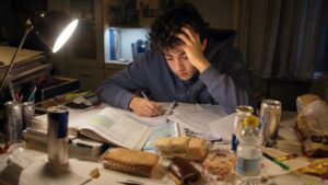 studente in preda all'ansia si prepara per gli esami di maturità