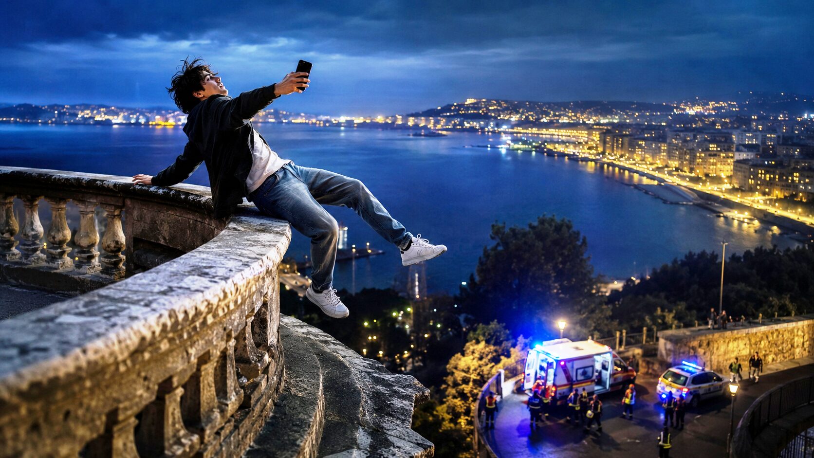 uomo fa un selfie nel pericolo
