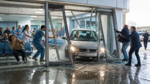 uomo sfonda porta pronto soccorso con la macchina