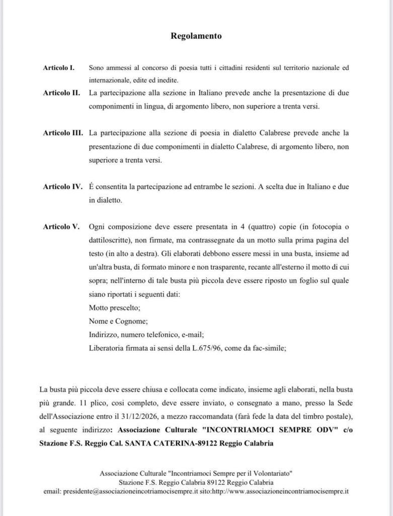 16° Concorso Internazionale di Poesia 2026 Ettore Pensabene Incontriamoci Sempre