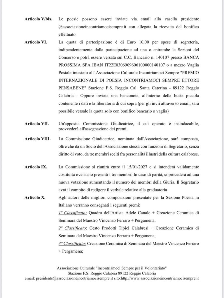 16° Concorso Internazionale di Poesia 2026 Ettore Pensabene Incontriamoci Sempre