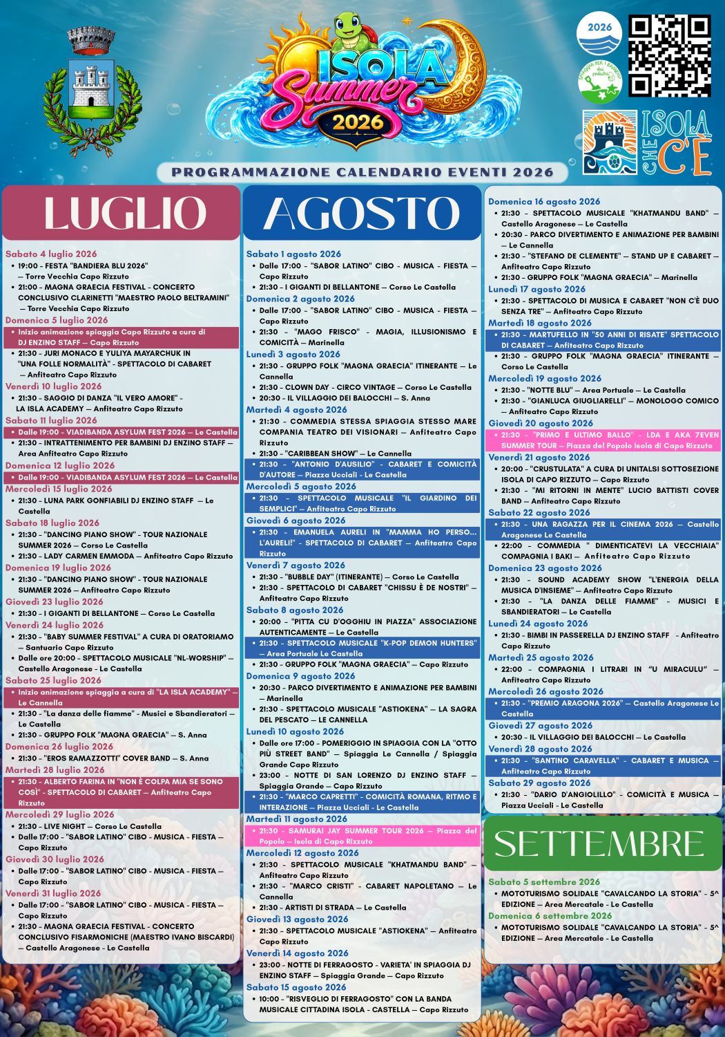 Calendario Isola Capo Rizzuto estate 2026