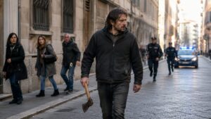 uomo gira con un'ascia