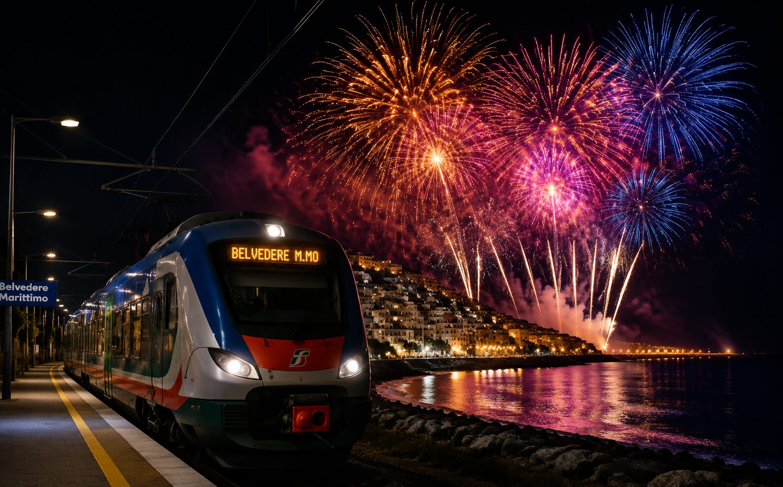 Fuochi d’artificio sul mare e treno di notte