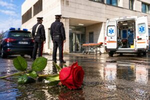 Rosa bagnata davanti all’ospedale