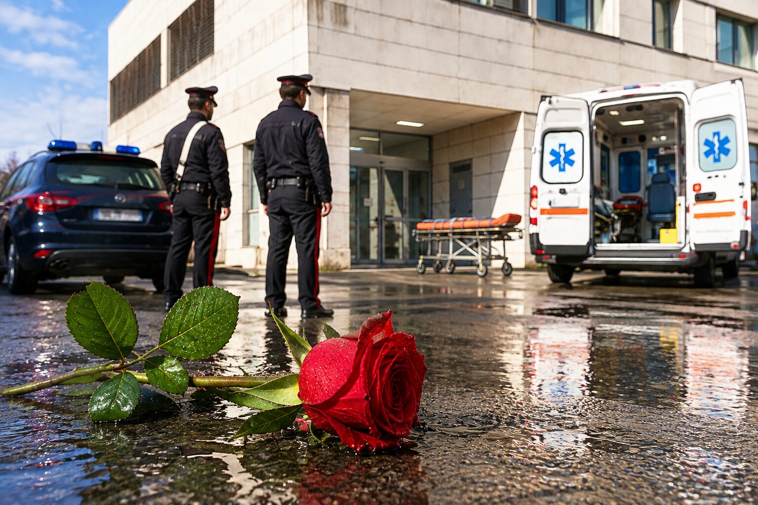 Rosa bagnata davanti all’ospedale