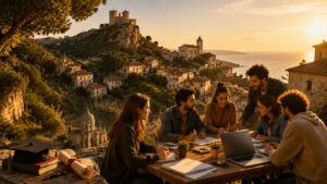 Studio collaborativo al tramonto sul borgo mediterraneo