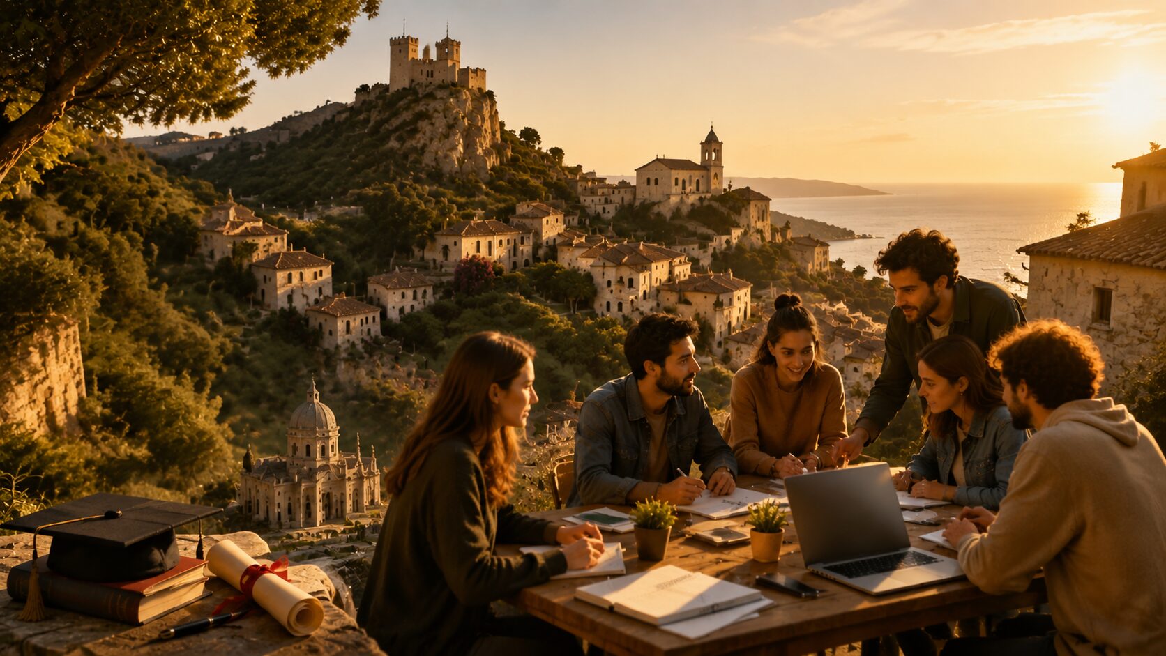 Studio collaborativo al tramonto sul borgo mediterraneo