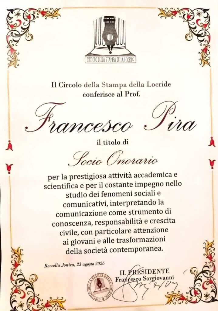 francesco pira socio onorario del circolo della stampa della locride evento premiazione