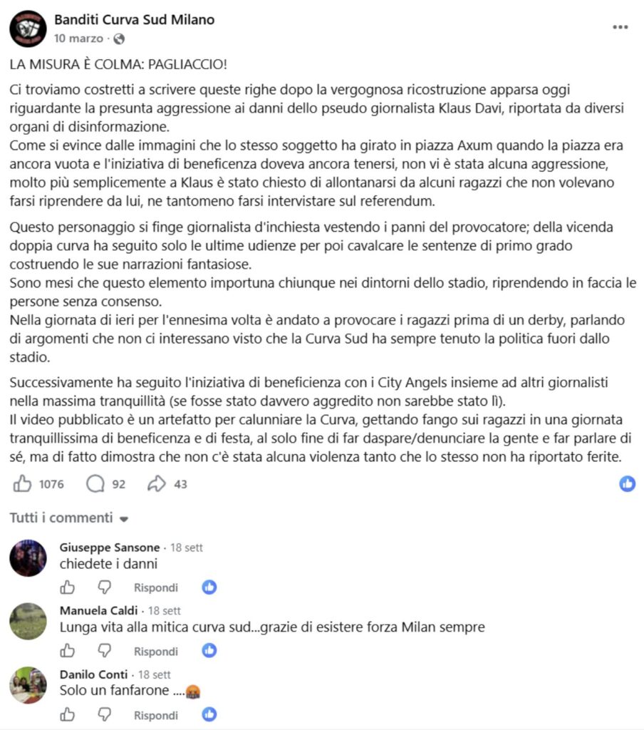 il post dal profilo ufficiale del gruppo Banditi Curva Sud sull'aggressione subita da Klaus Davi
