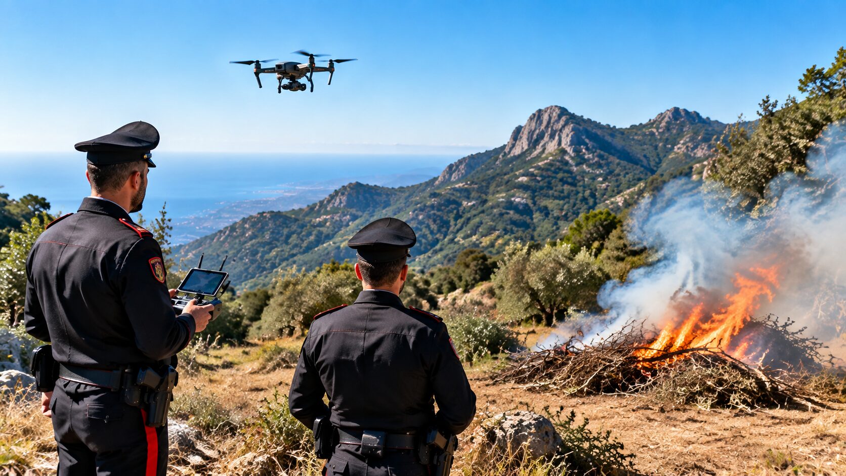 Carabinieri monitorano un incendio con drone