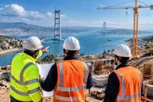 Ingegneri davanti al ponte sullo stretto