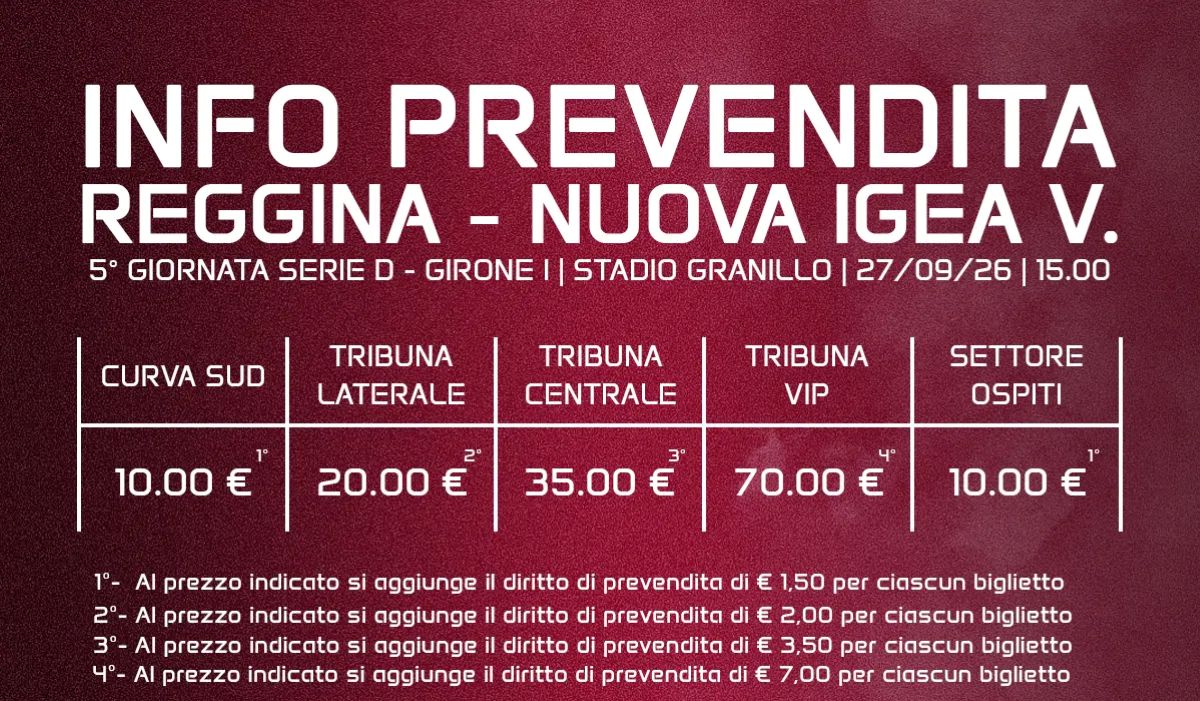 Prezzo prevendita Reggina-Igea Virtus