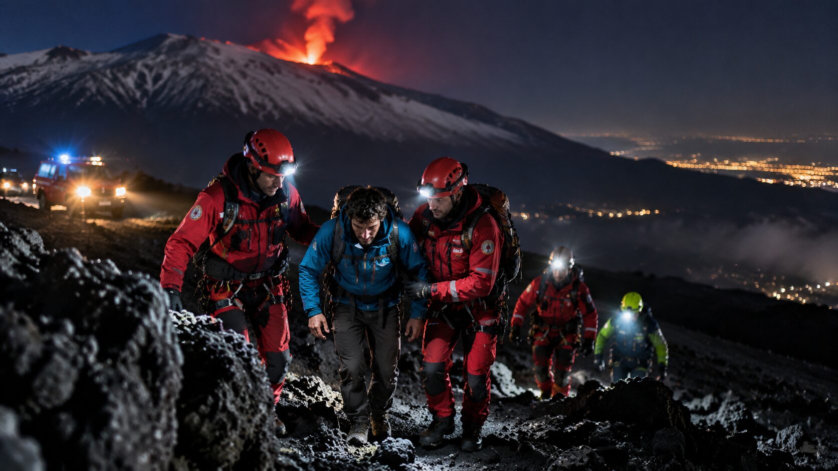 Soccorso notturno sul vulcano in eruzione
