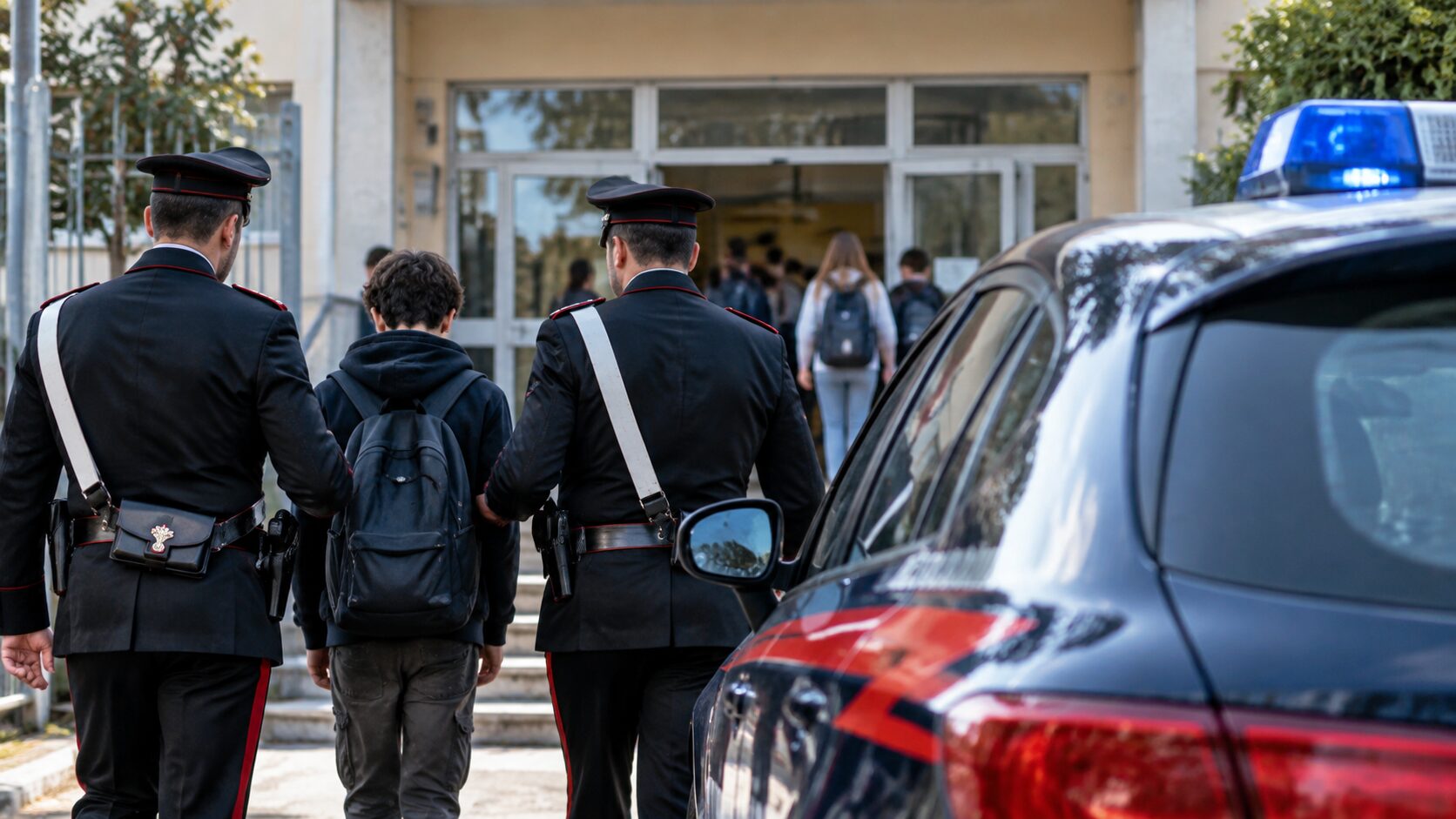 giovane portato a scuola dai carabinieri