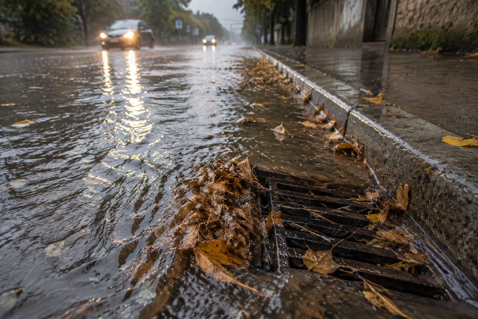 maltempo in autunno con caditoie otturate e strade allagate