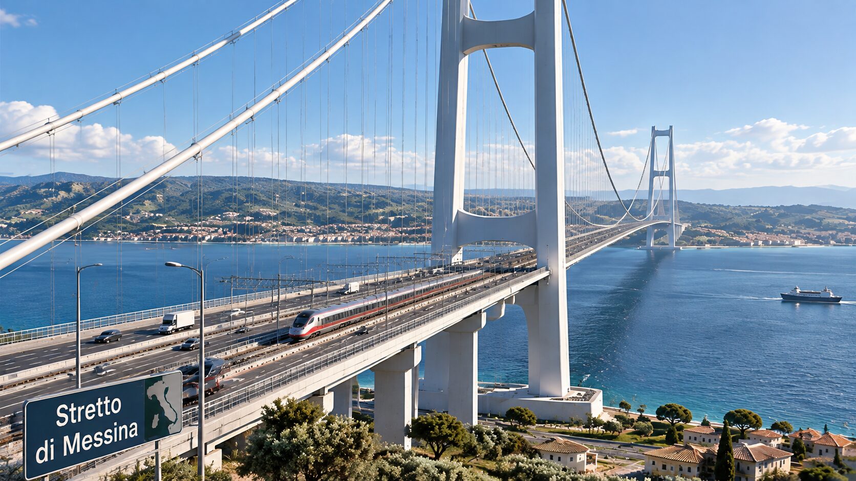 ponte sullo stretto e treno che ci passa in mezzo