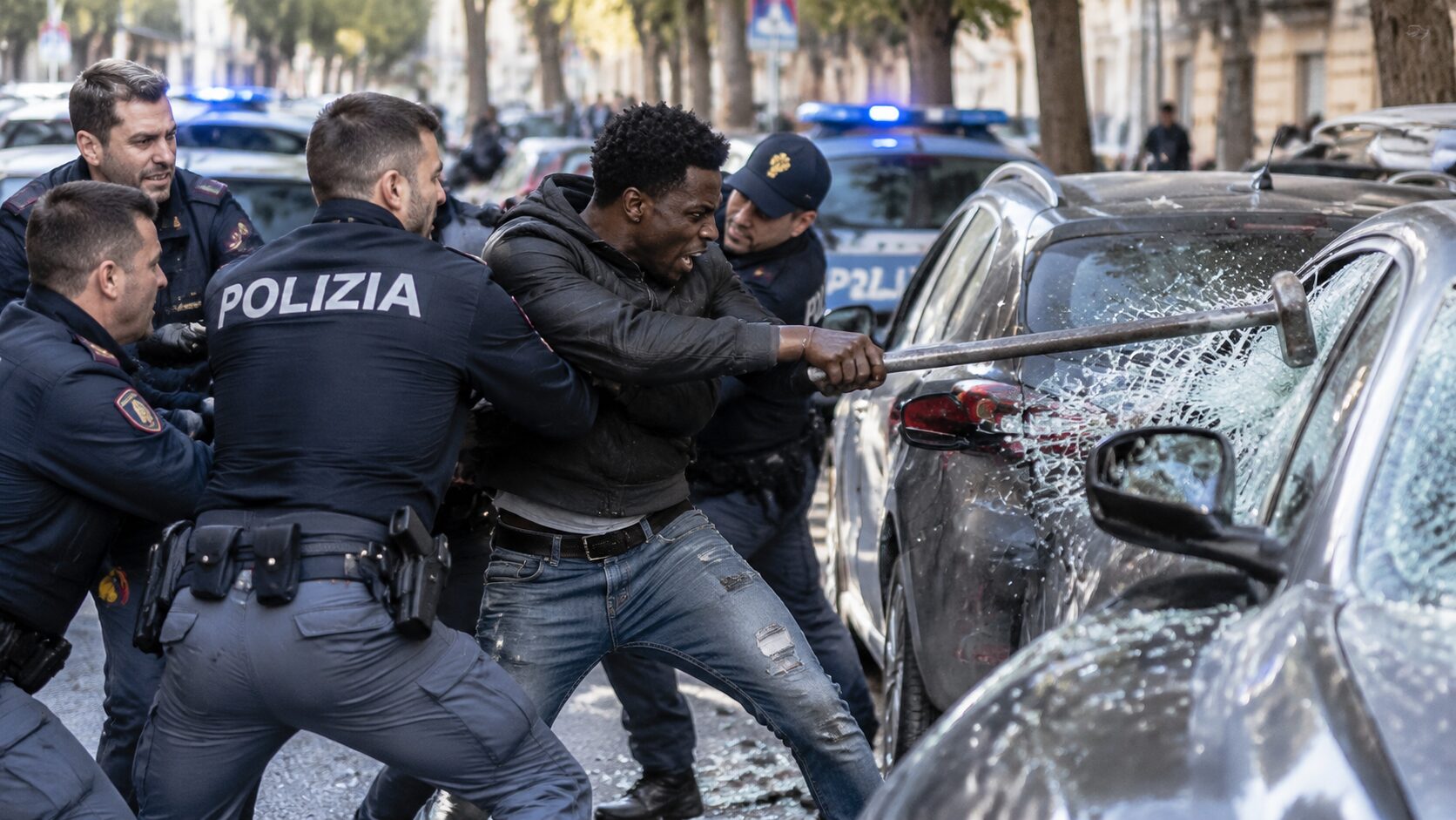 uomo distrugge auto con spranga fermato dalla polizia