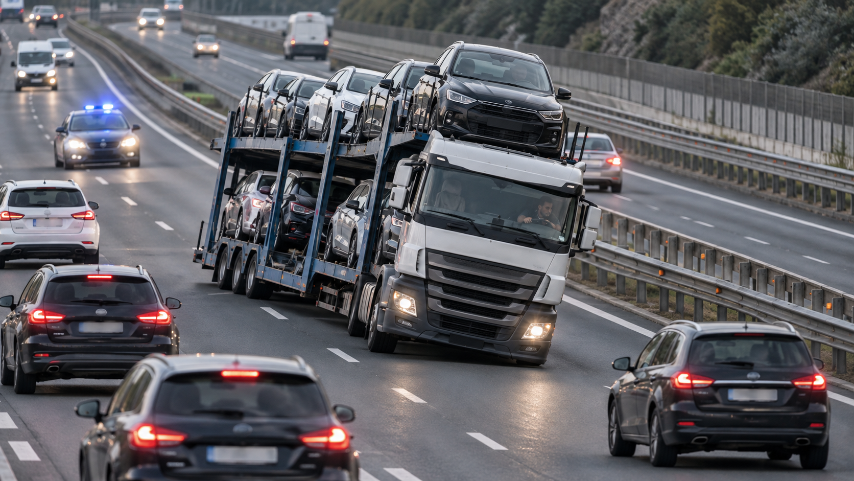 camion zigzaga tra le auto