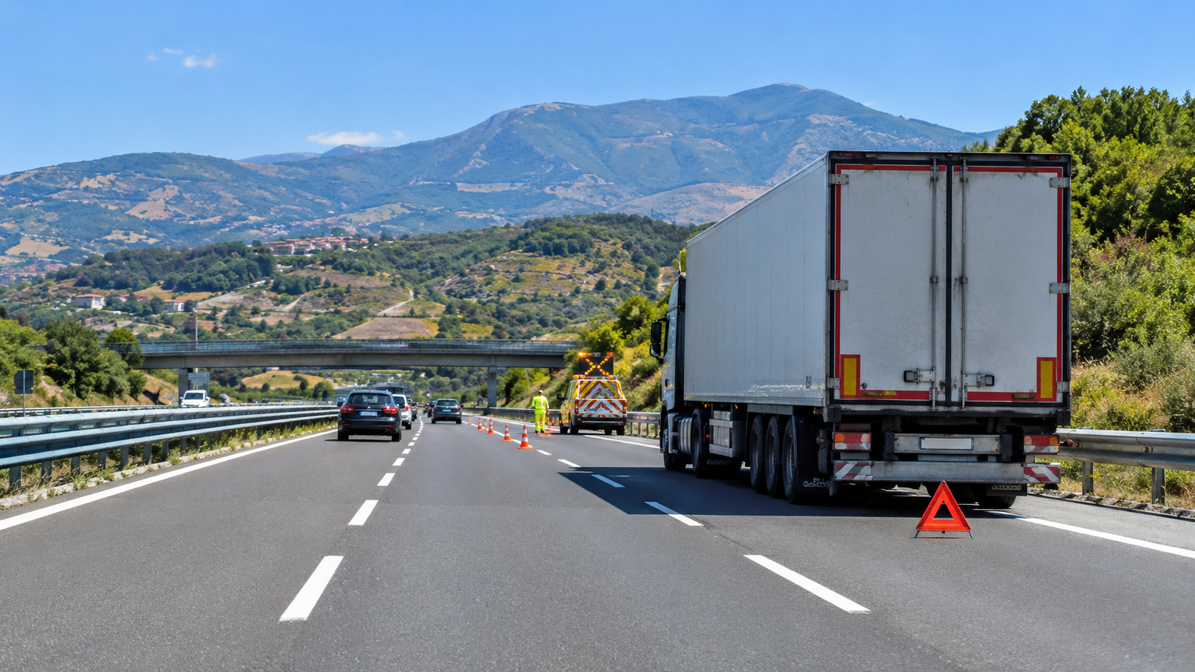 Autostrada con camion in avaria