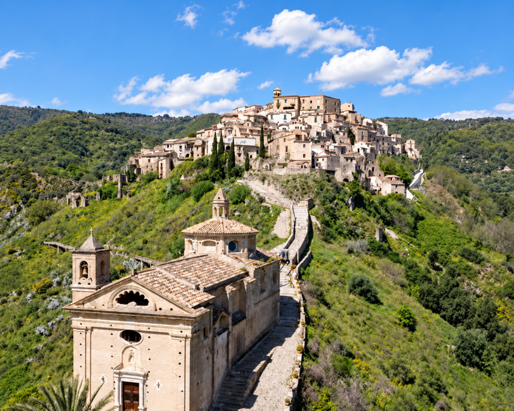 Borgo medievale sulla collina verde