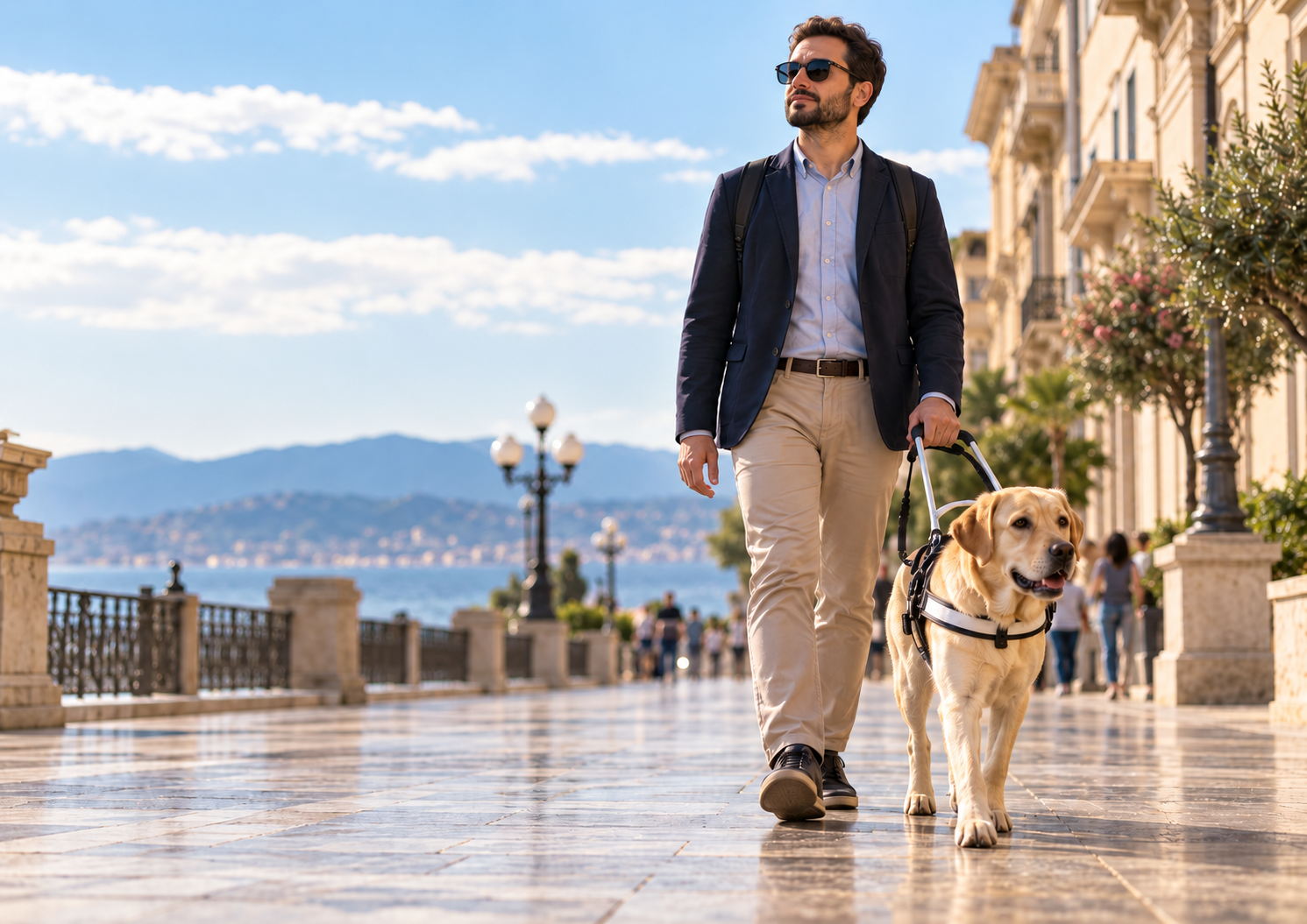 Cieco a passeggio con cane guida