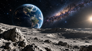 Luna rocciosa con la Terra all’orizzonte