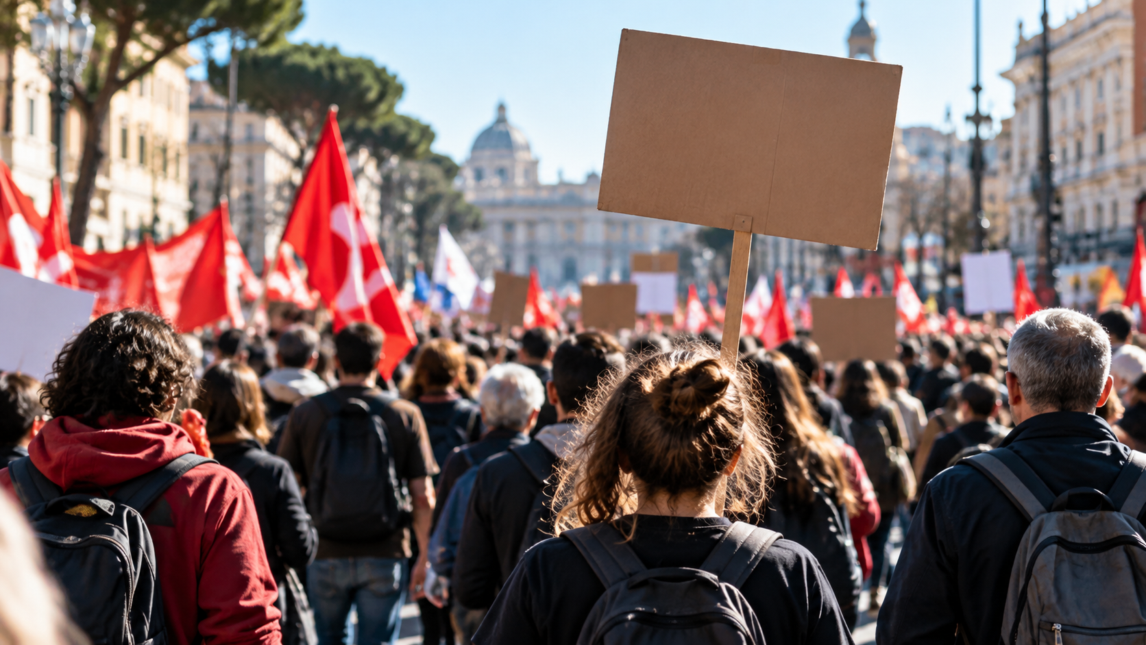 Manifestazione tra bandiere rosse e palazzi storici