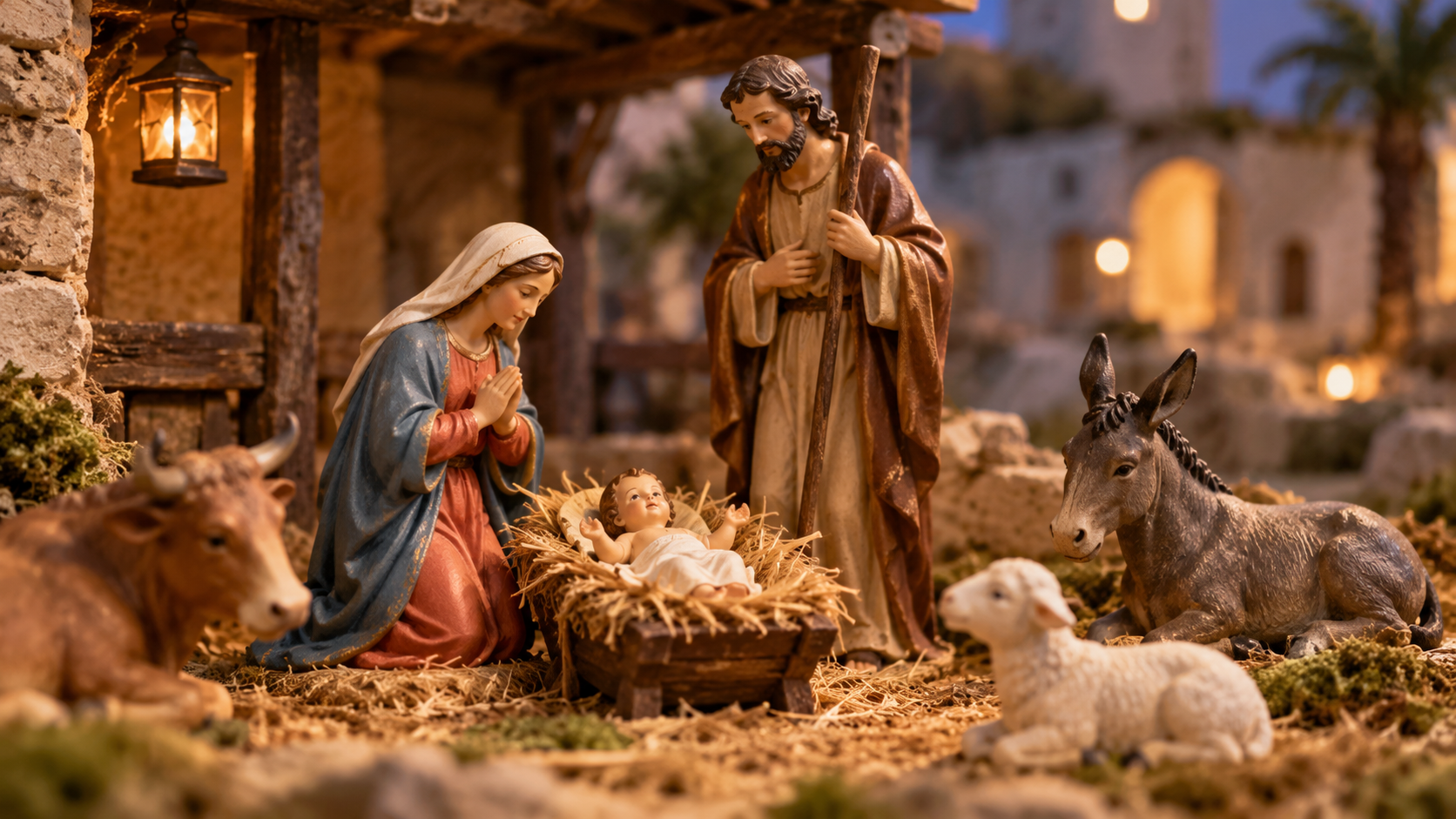 Presepe natalizio nella stalla di paglia