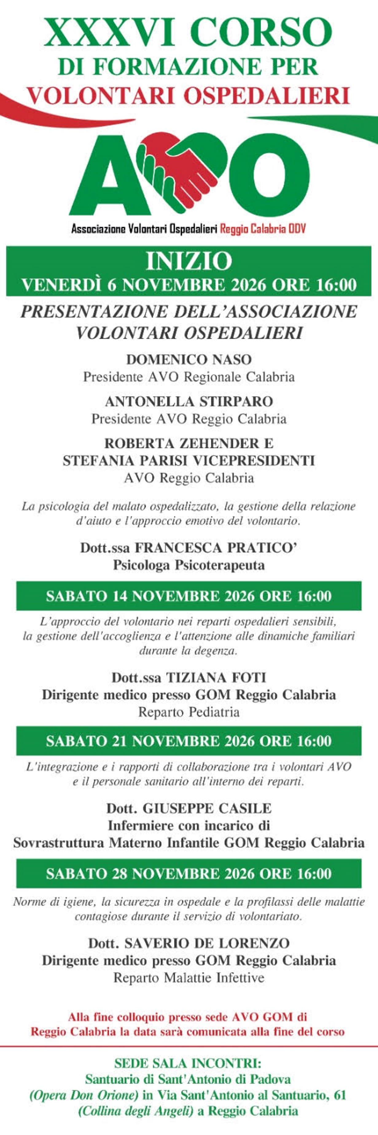 Programma XXXVI corso Formazione volontariato ospedalietro Avo Reggio Calabria