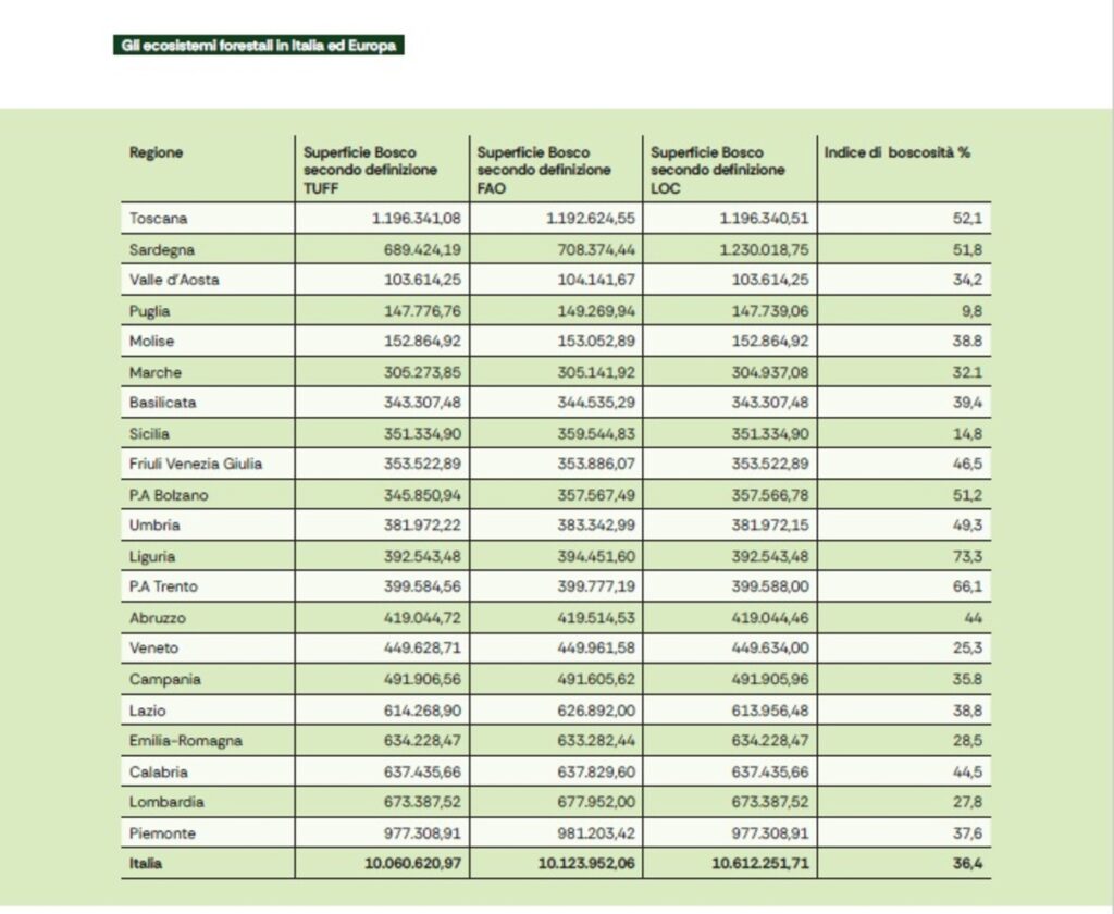 Tabelle report foreste la bioeconomia delle foreste 2026 legambiente