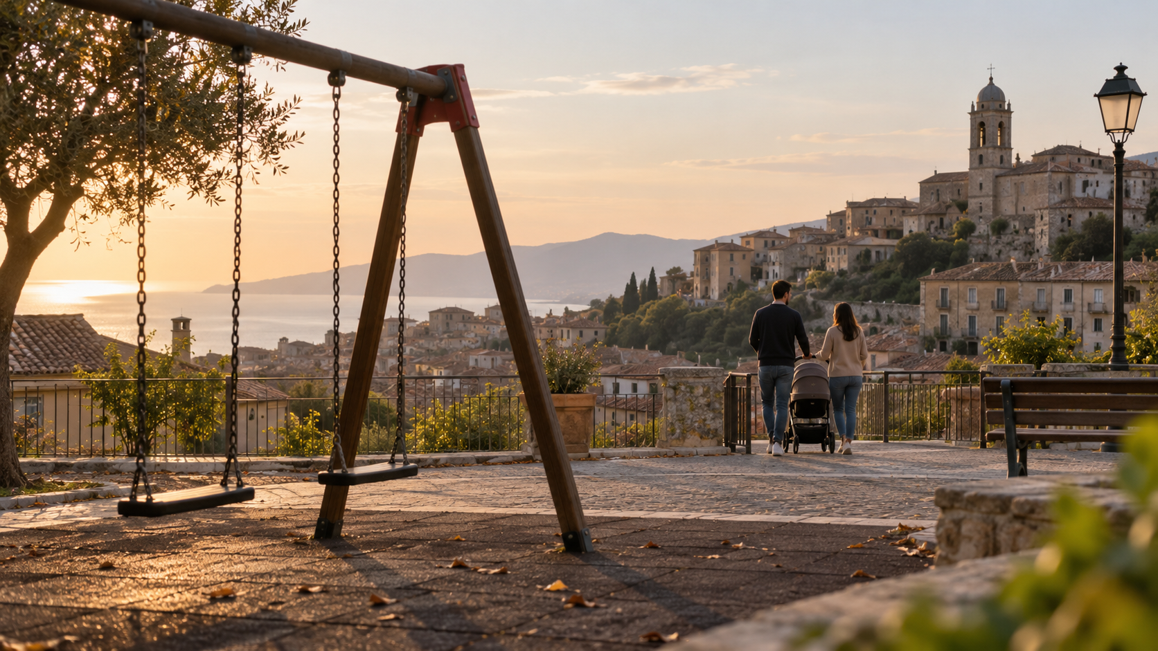 Tramonto sul borgo mediterraneo, immagine che fotografa fenomeno denatalità, con famiglia con un solo figlio in un borgo