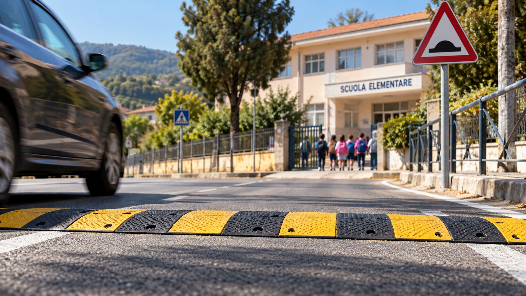 dossi artificiali davanti a una scuola per limitare velocità