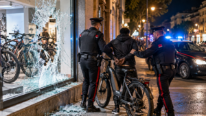 sfonda vetrina di un negozio con bici elettrica arresto carabinieri