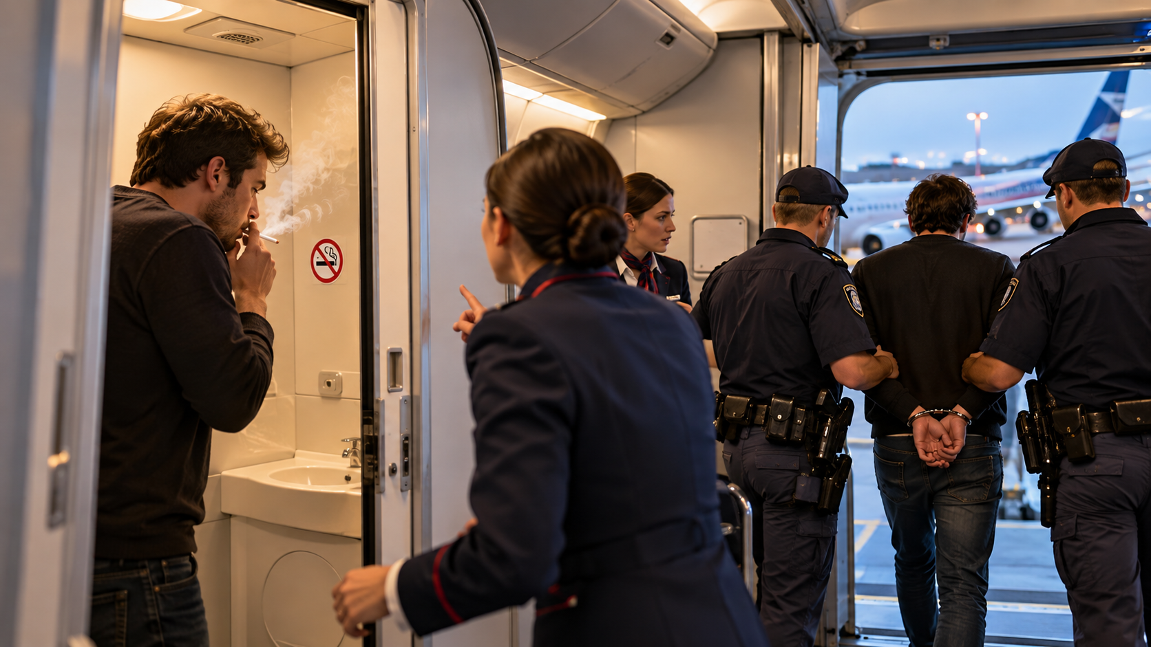 uomo fuma nel bagno di un aereo